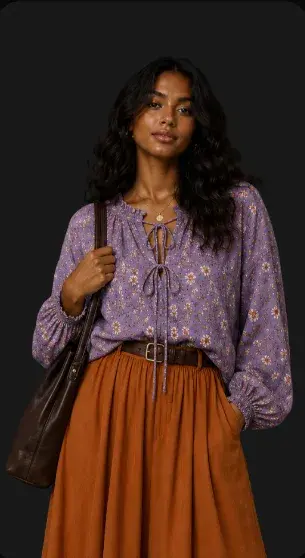 Shopper in a printed blouse and midi skirt