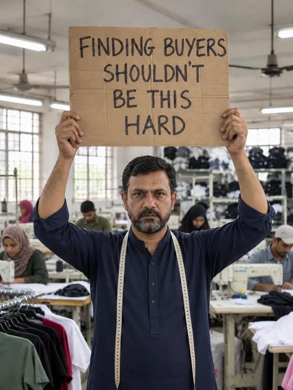 Garment factory owner holding a sign that reads: finding buyers shouldn't be this hard