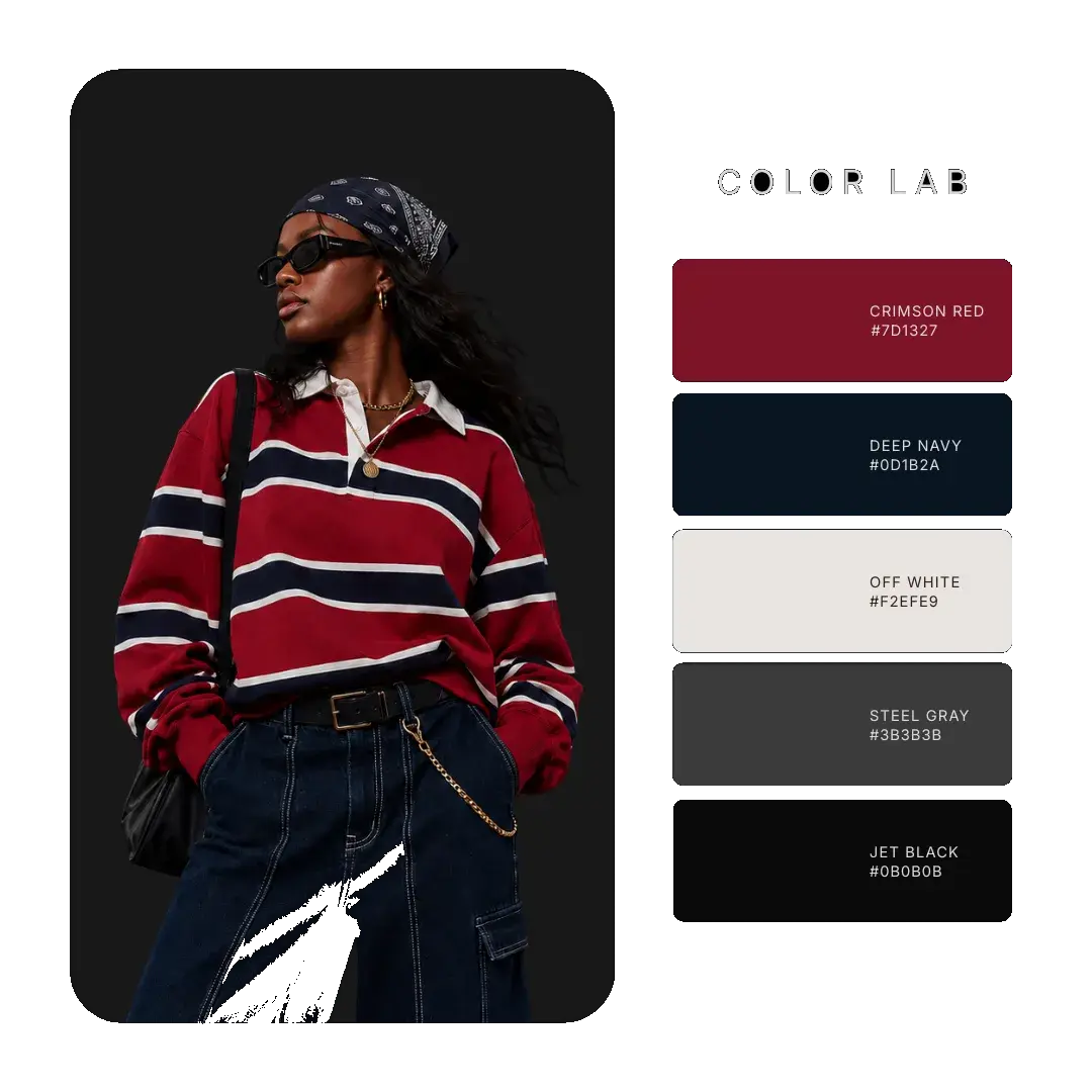 Crimson red, deep navy and jet black palette