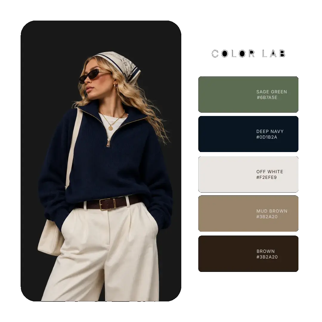 Sage green, deep navy and mud brown palette