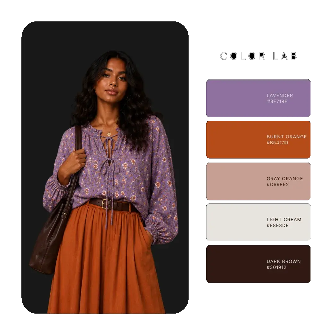 Lavender, burnt orange and dark brown palette